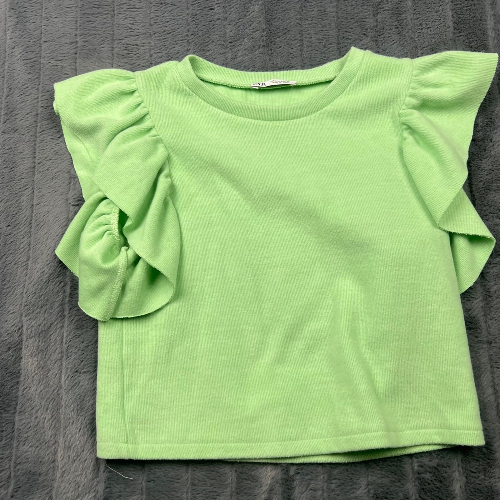 Zara Womens Lime Green Ribbed Ruffle Short Sleeve Knit Top Size S 13452